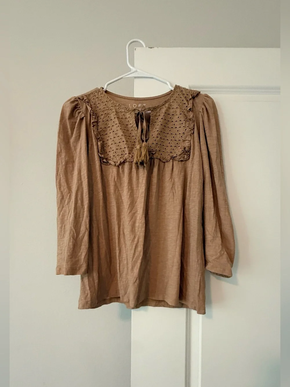 LOFT Brown Eyelet Yoke Peasant Blouse